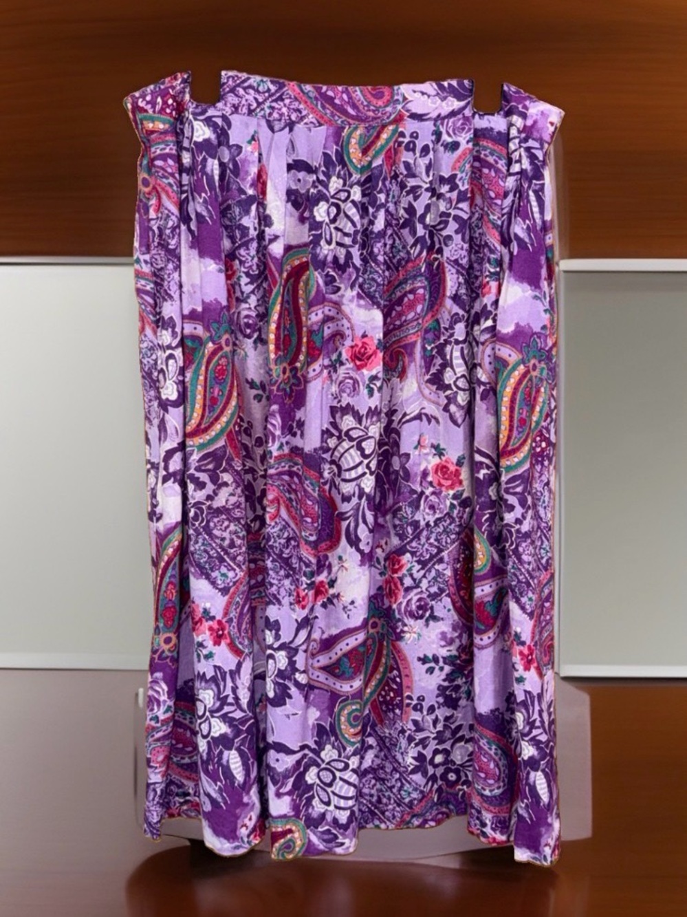 Southern Lady Pleated Purple Paisley Floral Maxi Skirt w/Pockets-20-Altered-EC